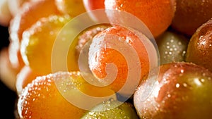 Macro photo of fresh ripe grapes with water dew droplets. Abstract background of fruits and berries