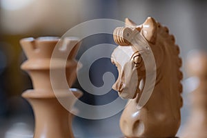 Macro image of a hand carved wooden chess Knight seen together with an out of focus chess rook.