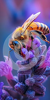 A macro image of a honey bee collecting nectar from a purple exotic flower. Insect life