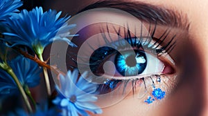 Macro image of human eye with blue flowers