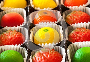 Macro image of marzipan fruit candies
