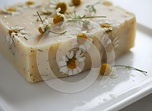 Macro image of natural handmade soap with chamomile flowers