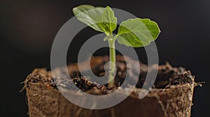 A macro image of a seedling growing out of a biodegradable bioplastic pot demonstrating how the use of bioplastics can