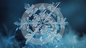 Macro image of a snowflake in a frosty winter setting with a blurry background. AI-generated.