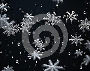 Macro image of snowflakes, winter holiday background. Snow in winter close-up