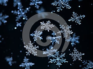 Macro image of snowflakes, winter holiday background. Snow in winter close-up