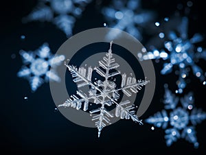 Macro image of snowflakes, winter holiday background. Snow in winter close-up