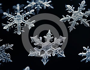 Macro image of snowflakes, winter holiday background. Snow in winter close-up