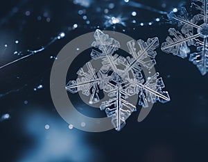 Macro image of snowflakes, winter holiday background. Snow in winter close-up