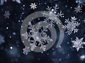 Macro image of snowflakes, winter holiday background. Snow in winter close-up