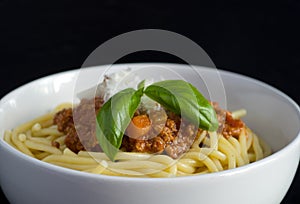 Macro Image of Spaghetti with Meat Sauce and Basil