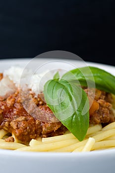 Macro Image of Spaghetti with Meat Sauce and Basil on Black Background