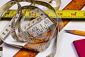 A macro image of Various measuring tools on a white background w