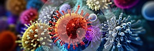 macro image of viruses and bacteria in tissues, colorful vivid background microbiological microlife, macro bokeh depth of field