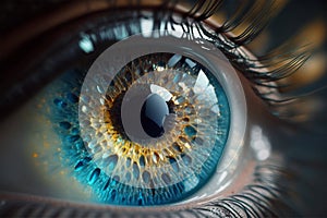 Macro image of woman eye with bright blue iris. Generative AI