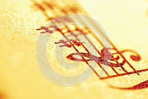 Macro imageof treble clef and music notes. Copy space