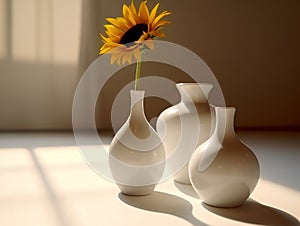 Macro, an interior room showing two white vases with a sunflower in them, in the style of zbrush, subtle shades.Generative AI