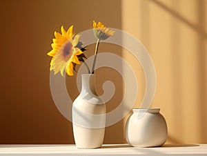 Macro, an interior room showing two white vases with a sunflower in them, in the style of zbrush, subtle shades.Generative AI