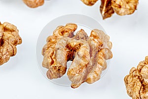 Macro juglandaceae nuts, walnut on a white background