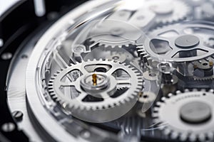 a macro look at silicon gears inside a futuristic concept timekeeping device