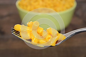 Macro macaroni and cheese on a fork