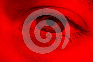 Macro on man eye expressing serious and expressionless expression