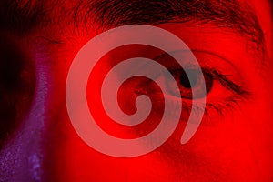 Macro on man eye expressing serious and expressionless expression