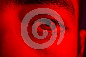 Macro on man eye expressing serious and expressionless expression