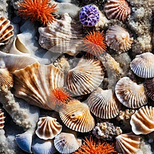 macro marine life. northern red anemones, Urticina felina . set of clam mollusk shells