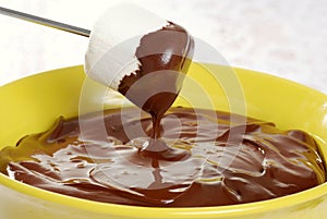 Macro marshmallow dipped in fondue chocolate