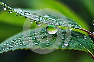 Macro Marvel: Precarious Raindrop Suspended on the Edge of a Vibrant Green Leaf