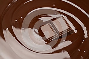 Macro of Melted dark or milk chocolate bar in swirl