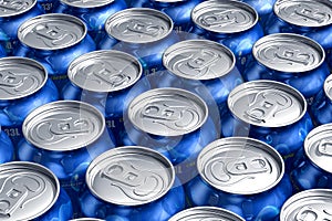 Macro of metal cans with refreshing drinks