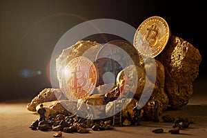 macro miner figures working on group of Bitcoin mining in deep golden cave