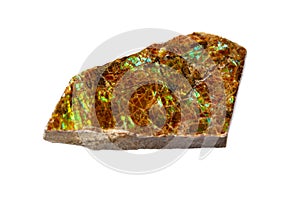 Macro of the mineral stone ammolite on white background
