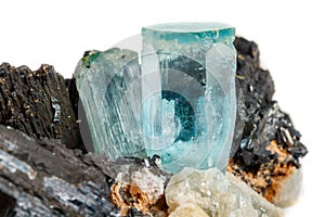 Macro mineral stone Aquamarine and black tourmaline, Schorl on a