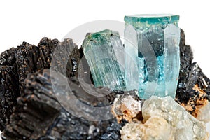 Macro mineral stone Aquamarine and black tourmaline, Schorl on a