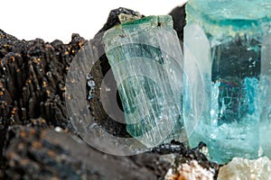 Macro mineral stone Aquamarine and black tourmaline, Schorl on a