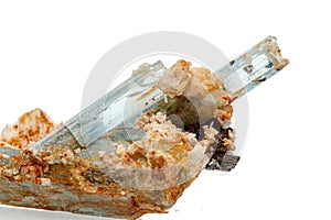 Macro mineral stone aquamarine on a white background