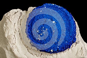 Macro mineral stone Azurite in siltstone against black background