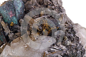 macro mineral stone Chalcopyrite on a white background