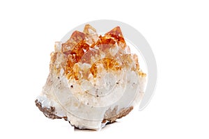 Macro mineral stone Citrine in rock in crystals on a white backg