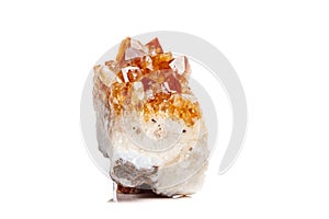 Macro mineral stone Citrine in rock in crystals on a white backg