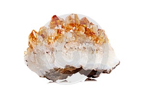 Macro mineral stone Citrine in rock in crystals on a white backg