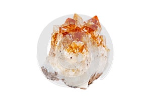 Macro mineral stone Citrine in rock in crystals on a white backg