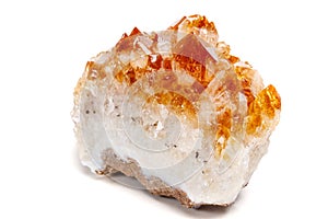 Macro mineral stone Citrine in rock in crystals on a white backg