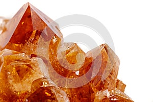 Macro mineral stone Citrine in rock in crystals on a white backg