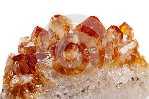 Macro mineral stone Citrine in rock in crystals on a white backg