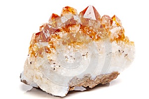 Macro mineral stone Citrine in rock in crystals on a white backg