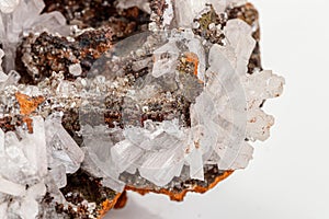 Macro mineral stone crystals Hemimorphite rock on a white background